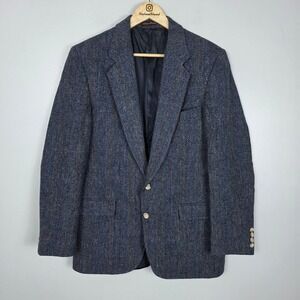 Vintage Chaps Ralph Lauren Mens Tweed Blazer Jacket Herringbone Blue Wool Size M